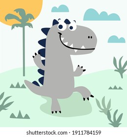 happy smiling dinosaur vector in the forest