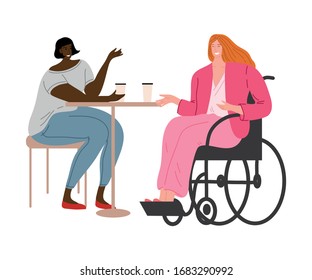 Happy smiling disabled girl in pink clothes sitting in a wheelchair with her friend. Vector illustration in flat cartoon style.