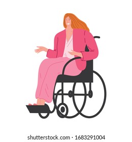 Happy smiling disabled girl in pink clothes sitting in a wheelchair. Vector illustration in flat cartoon style.