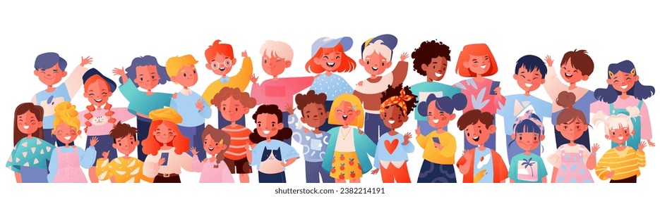 Happy smiling diverse children standing together and waving. Kindergartners schoolchildren and students. Concept of diversity, relationships in group. Different hairstyles, skin color, ethnicity