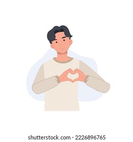 Happy Smiling diverse man with hand gestures, heart symbol.  like and love with hands. Flat vector cartoon character illustration.