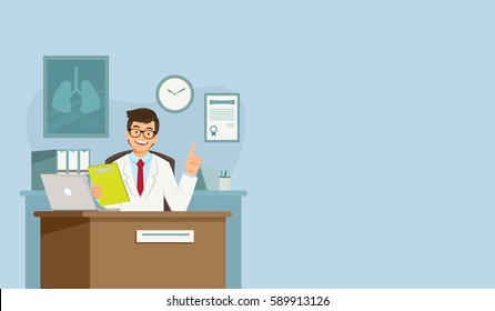 Happy smiling doctor with clipboard and laptop computer giving medical presentation in a hospital room. cartoon vector illustration with text space