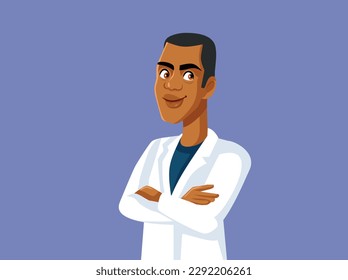 
Happy Smiling Doctor Standing Confident with His Arms Crossed Vector. Handsome African American general practitioner wearing his uniform 
