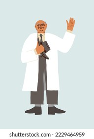 Happy smiling doctor in white rope and a costume greeting and taking off the hat from the head. Old school doctor character on light background.