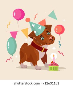 Happy smiling dog character celebrates birthday. Vector flat cartoon illustration