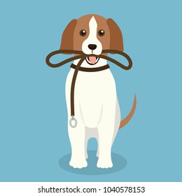 Happy smiling dog character hold leash in mouth. Vector flat cartoon illustration.