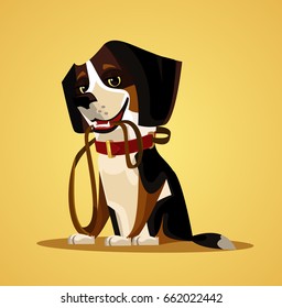 Happy smiling dog character hold leash in mouth. Vector flat cartoon illustration