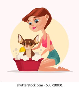 Happy smiling dog character takes bath with woman owner. Vector flat cartoon illustration