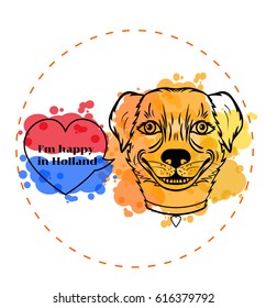 Happy smiling dog. Protection of animals in Holland. Vector illustration isolated on white background.