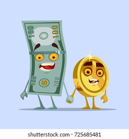 Happy smiling dollar and cent characters. Vector flat cartoon illustration