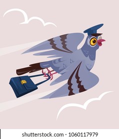 Happy smiling dove pigeon bird postman courier character bring deliver letter mail correspondence message. Delivery communication postage service transportation email. Vector flat cartoon isolated