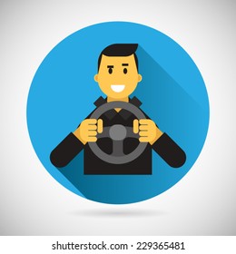 Happy Smiling Driver Character With Car Wheel Icon Ride Driving City Symbol Flat Design Element Vector Illustration