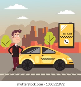 Happy smiling driver character standing near yellow taxi car and waiting passenger. Taxi call internet online service concept. Vector flat cartoon design graphic banner illustration