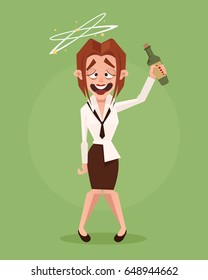 Happy smiling drunk business woman office worker character. Vector flat cartoon illustration
