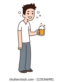 Happy smiling drunk guy holding beer. Funny cartoon vector character illustration.