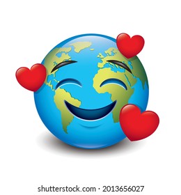 Happy smiling Earth emoticon, emoji in love - vector illustration