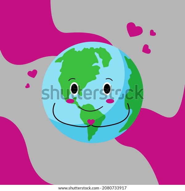 Happy Smiling Earth Planet Holding Heart Stock Vector Royalty Free