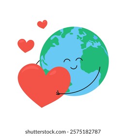 Happy smiling Earth planet hugging big heart. Cute vector illustration. World Kindness Day, Random acts, Earth Day celebrations design element isolated.