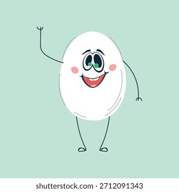 Vector sonriente feliz del carácter del huevo. Temas de Pascua, gráficos relacionados con la comida, marca, empaque y materiales educativos.