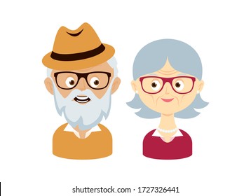 Happy And Smiling Elderly Senior Couple Vector. Happy Old Man And Woman Vector. Senior Couple In Love Cartoon Character. Grandpa And Grandma Icon Set. Pensioners Isolated On A White Background