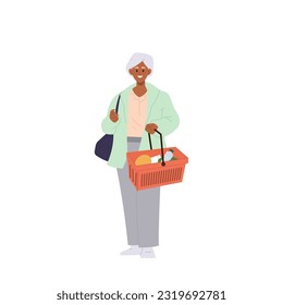 Happy smiling elderly woman buyer cartoon character carrying shopping basket with groceries