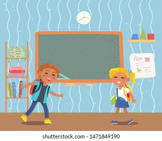 Happy smiling elementary school students. Boy and girl pupils. Interior of classroom with furniture, chalkboard and bookshelf vector illustration. Back to school concept. Flat cartoon