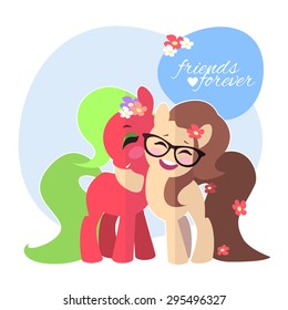 Happy smiling embracing pony.  Funny Smiling ponies enjoying a friend hugging. Happy Friendship Day poster. Cute doodle with friends forever. Vector. Girlish glance. Friendly concept, cartoon.
