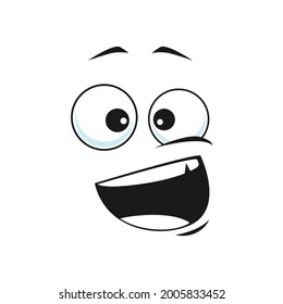 Happy smiling emoji with big eyes and broad open mouth isolated. Vector grinning smiley showing teeth, cheerful face with broad smile. Laughing and joking emoticon, naughty face expression