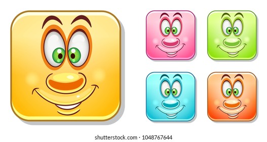 Happy smiling Emoji face. Emoticons collection. Colorful smiley set. Avatar symbol, internet message or chat icon, sign for web mobile app, logo, label, patch, sticker.