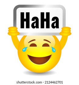 Happy smiling emoji with HaHa sign, vector cartoon illustration isolated over white background