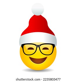 Happy smiling emoji with red Santa hat, vector Christmas holiday illustration on white background
