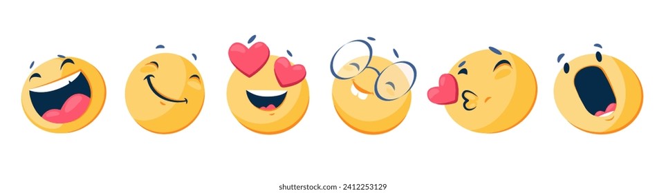 Emojis felices y sonrientes, risas, Besos de aire, sorprendidos y enamorados. Elementos para mostrar tu comunicación emocional con amigos. Puede ser utilizado en publicidad o diseño de sus productos