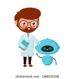 Happy smiling engineer, scientist with cute little robot. Vector flat cartoon character icon design. Isolated on white background

