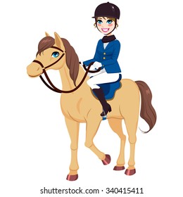 Happy smiling equestrian jockey girl with purebred horse