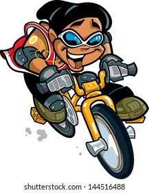 Happy Smiling Ethnic Boy With Cool Sunglasses Riding a Bicycle