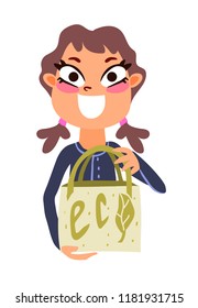 Happy smiling excited girl two pigtails holding eco fabric tote bag. Concept of smart consumption, saving nature, ecology and recycling. Funny cartoon style character, young woman shopping. 