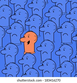 Happy smiling face between sad ones, vector illustration