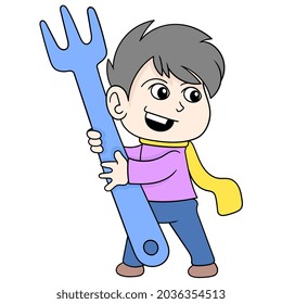 Happy lächelnden Gesichtsjunge mit einer Riesengabel, Vektorgrafik Kunst. doodle Icon Bild kawaii.