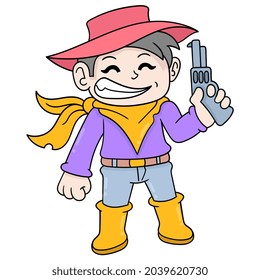 happy smiling face boy carrying gun in cowboy sheriff costume, vector illustration art. doodle icon image kawaii.