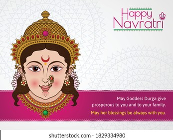 Happy Smiling Face of Durga decorated with Traditional Indian temple jewelry of gold silver for Navratri Diwali Celebration. Social Media Ad Post with best wishes festival greetings for beloved ones.