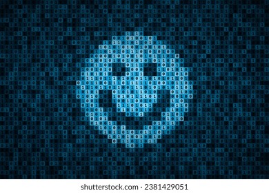 Icono de la cara sonriente feliz hecho de 0 y 1 símbolos de código binario. Concepto de resolución de problemas de software o errores del sistema, mantenimiento exitoso, soporte de TI. Tecnologías modernas