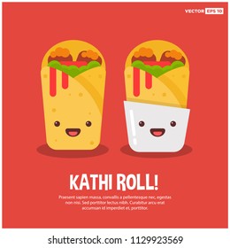 Happy Smiling Face Kathi Roll Vector Illustration in Flat Style Line Art