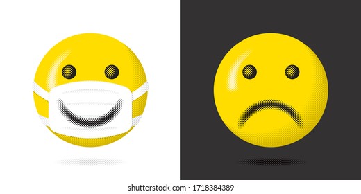 Happy Smiling Face Protected with Mask Having Wide Smile over It and Sad Unprotected Face Coronavirus Pandemy Devoted Concept - Yellow on Black and White Background - Vector Halftone Graphic Design