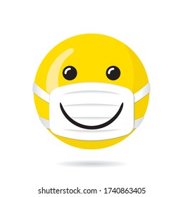 Happy Smiling Face Protected with Mask Having Wide Smile over It Coronavirus Pandemy Protection Measures Devoted Concept - Yellow on White Background - Vector Mixed Graphic Design