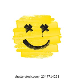 Happy Smiling Face Rough Brush Strokes Painting with Paint Drop as Crying or Tearing Eye Illusion - Circle Black and Yellow Template on White Background - Vector Mixed Graphic Design