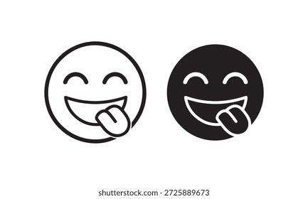 Fröhlich lächelndes Gesicht mit ausgestreckten Zunge Emoji Vektor Symbol Set in Linie und massiven Stil