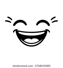Happy smiling face with a wide open laughing mouth and squinted eyes. Isolated black vector line art icon for cheerful expressions, joy, and humor design.