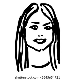 Happy smiling face of a young pretty girl with loose hair. Funny female portrait. Hand drawn linear doodle rough sketch. Black and white silhouette.