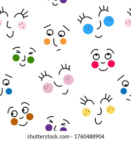 happy smiling faces with colorful cheeks messy character heads vector hand drawn seamless pattern on white background 