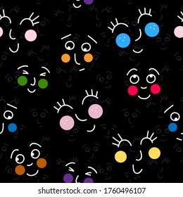 happy smiling faces with colorful cheeks messy hand drawn character faces seamless pattern on dark background. vector